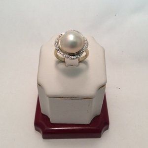 14K Yellow Real Solid Gold Pearl Diamond Lady Ring Band Size 6     6.00gr  .35ct